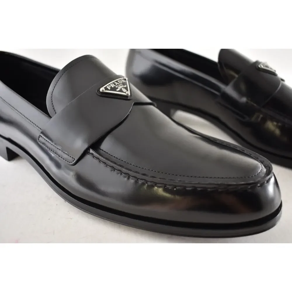 Prada Black Brushed Leather Triangle Logo Classic Loafer SlipOn Flat UK 12 US 13 - Picture 8 of 16
